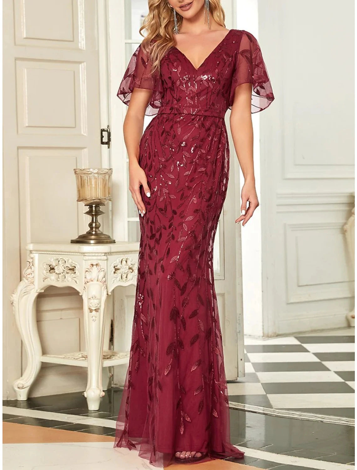 Vestido de sirena/trompeta para madre de la novia, para invitada de boda, brillo y resplandor, elegante, escote en V, largo hasta el suelo, con lentejuelas, manga corta con pliegues y lentejuelas